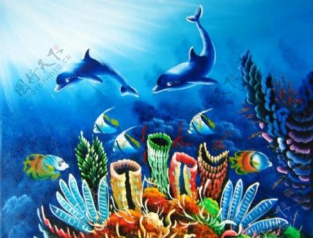 漂亮的手绘动物海豚油画图片