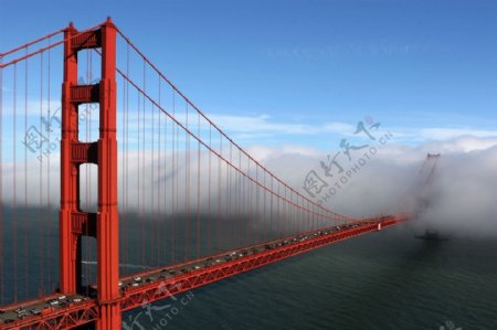 高耸入云的红色斜拉索桥