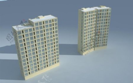 两栋十三层现代板式住宅楼模型