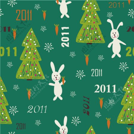 圣诞节的无缝纹理的兔子拿胡萝卜和圣诞树