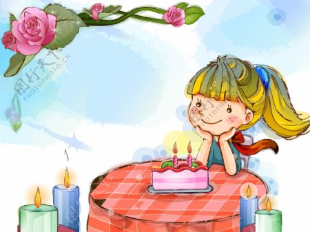 童年卡通插画生日许愿的小女孩