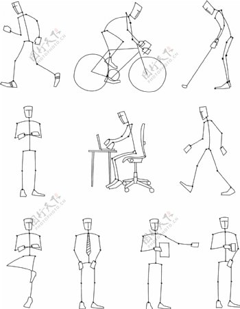 简单线条绘画的人动作图矢量素材eps格式矢量火柴人人物动作跑步办公走路高尔夫汽自行车站立矢量素材