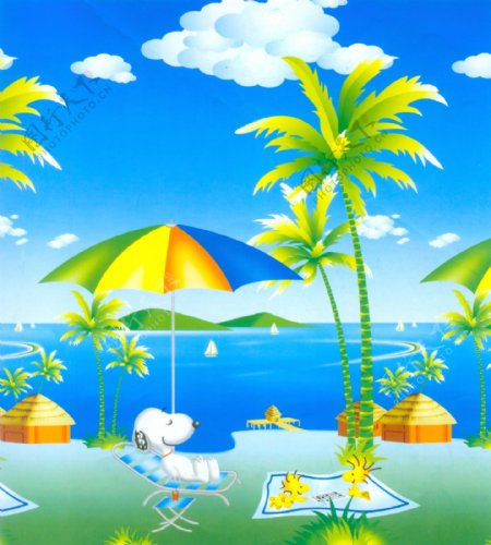 渡假圣地大海雨伞史奴比帆船椰树