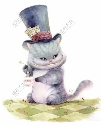 位图插画爱丽丝漫游仙境动物猫免费素材