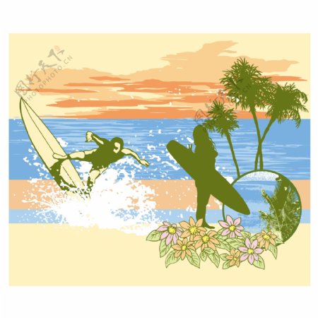 印花矢量图T恤图案海滩植物椰树免费素材