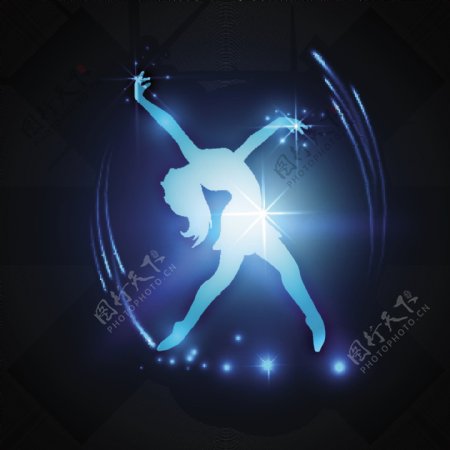 音乐舞蹈晚会背景海报或标语纸剪出的蓝色背景上的一个跳舞的女孩设计