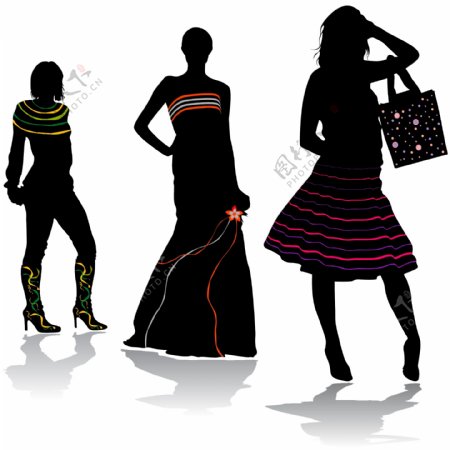 时尚女装彩色花纹剪影人物服装效果图