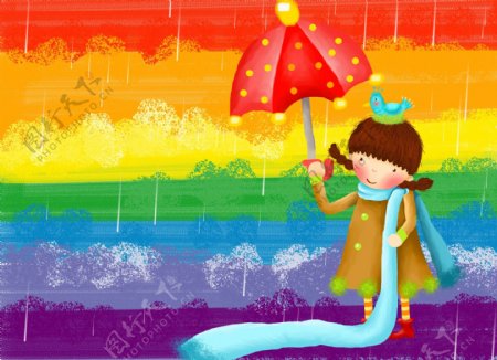 HanMaker韩国设计素材库背景卡通人物女孩可爱天真下雨斑斓雨伞