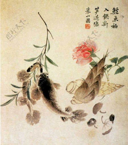 牡丹花竹子丹顶鹤白鹤梅花树枝柳絮飘絮杂草树干植物动物中国风中华艺术绘画