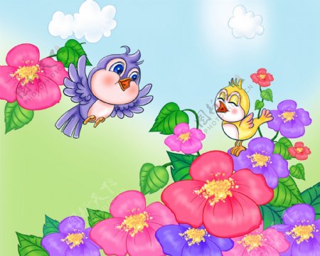 可爱小鸟与花朵图片