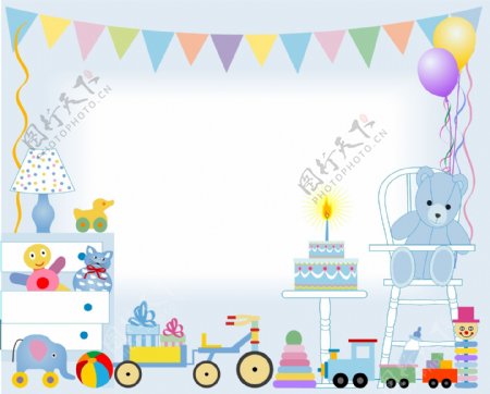 生日蛋糕和玩具的卡片矢量
