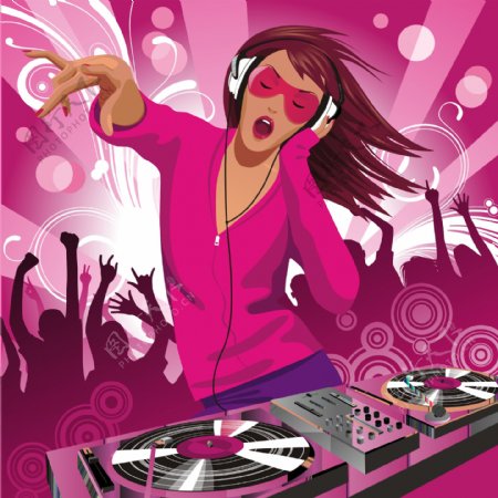 印花矢量图DJ女人音乐元素舞动红色黑色免费素材