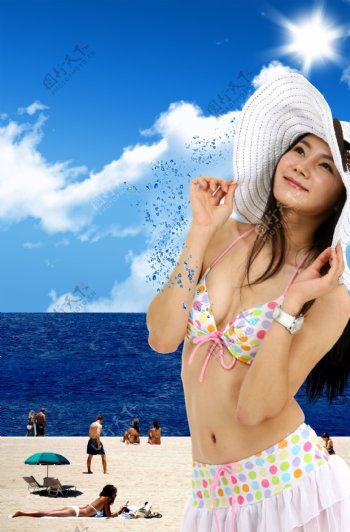 夏天女性女人海滩沙滩蓝天白云小岛湖面水面群岛psd分层素材源文件09韩国设计元素