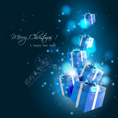 梦幻蓝色礼盒圣诞节卡片海报