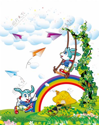 卡通小兔彩虹蘑菇纸飞机