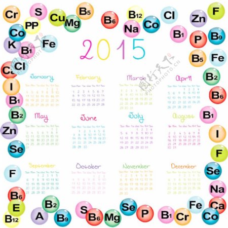 化学元素2015年历矢量