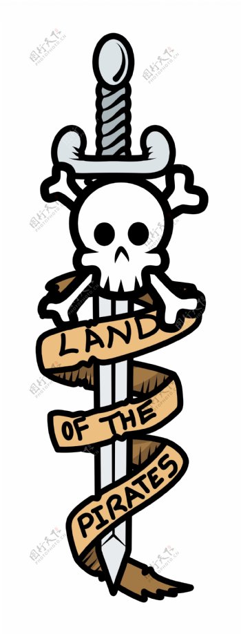 土地的海盗旗的剑和头骨卡通插画矢量