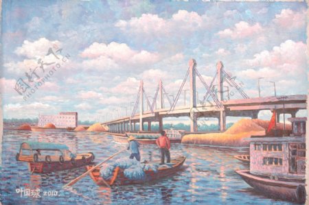 旧渡新桥原创油画图片