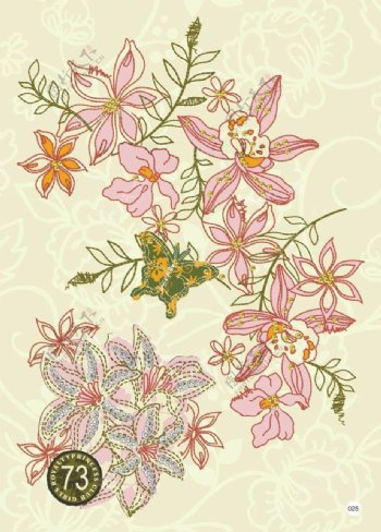 绣花优雅植物花卉昆虫花纹免费素材