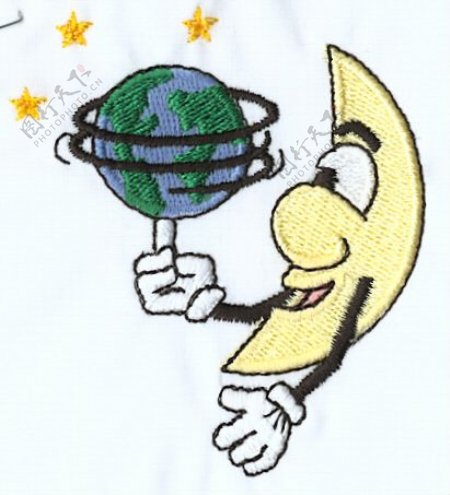 绣花地球月亮可爱卡通免费素材