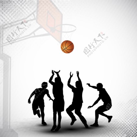silthouettes一个篮球运动员在篮球赛上抽象蹩脚的篮球场背景