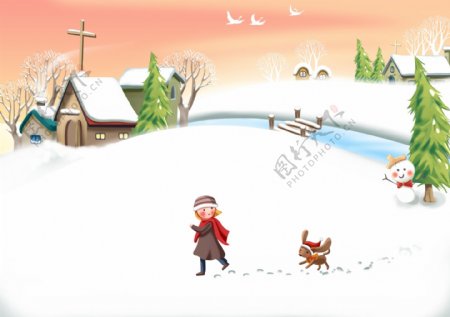 冬季乡村的教堂和女孩
