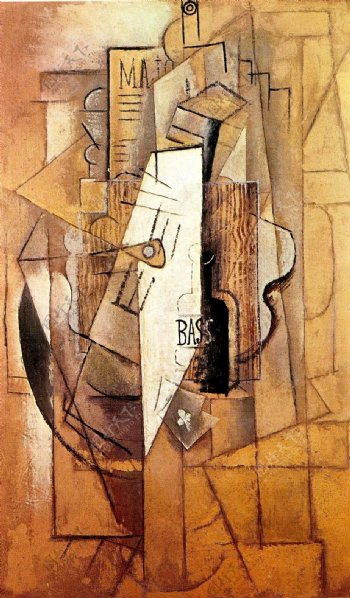 1912BouteilledeBassguitareasdetr濂籰e西班牙画家巴勃罗毕加索抽象油画人物人体油画装饰画