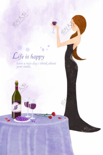 参加宴会喝红酒的时尚女郎插画