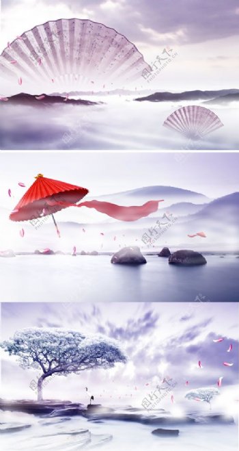 唯美古风中国纸扇红色油纸伞