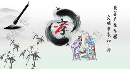 中国风孝道国画宣传展板PSD素材