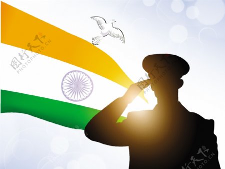 向士兵剪影印度挥舞旗帜的背景