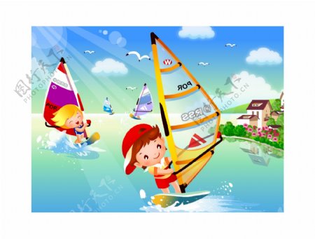 儿童帆板运动矢量素材