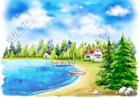 晴空夏日风景小屋手绘插画图片
