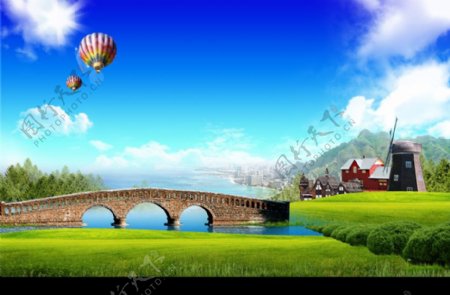 韩国风景素材湖水石桥气球图片