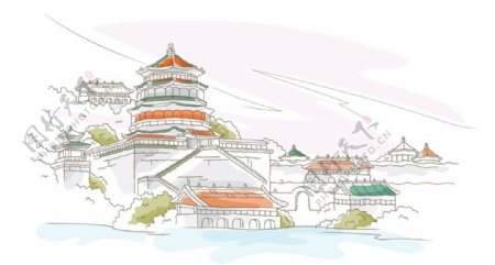 手绘中国古代建筑山水中的塔寺庙图片