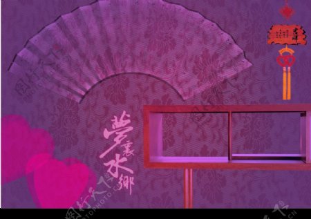中国古典红色折扇窗格背景图片