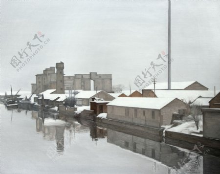 油画老厂房的雪景图片