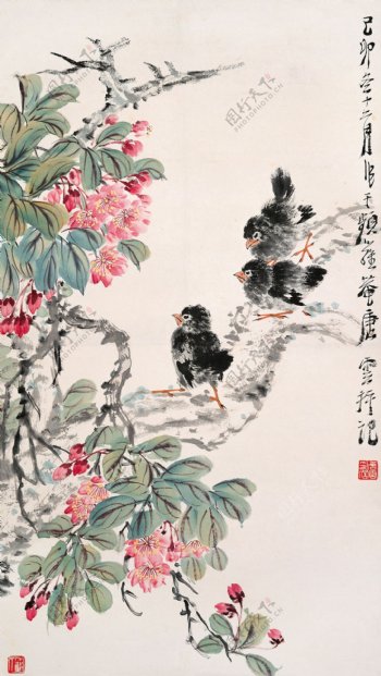 海棠群雀图图片