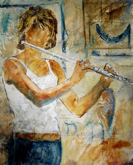 油画吹长笛的男人图片