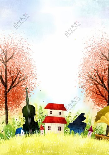 手绘草地上的房屋乐器风景插画图片