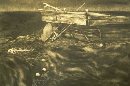 精品河流小船漂泊版画装饰艺术图片