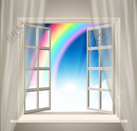 窗户窗帘七彩虹图片