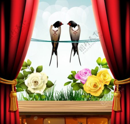 窗外外的梦幻花纹花朵玫瑰两只小鸟图片