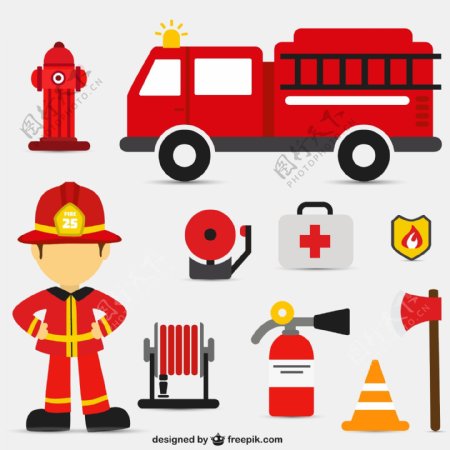 消防用具消防车灭火器安全帽警图片