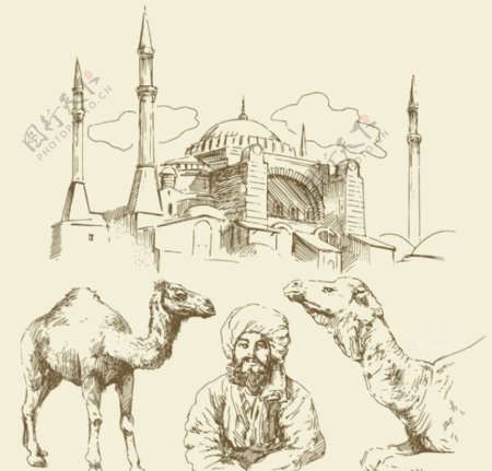 手绘商人骆驼建筑矢量图片
