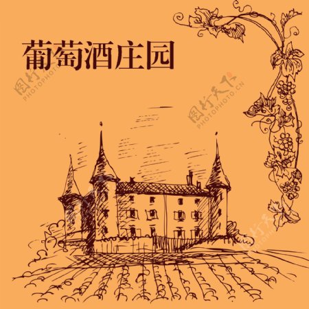 复古葡萄酒酒庄手绘图图片
