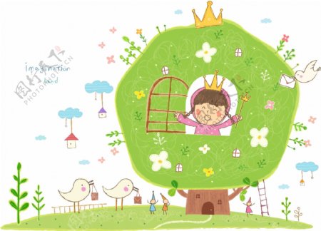 在树屋里扮公主的女孩图片