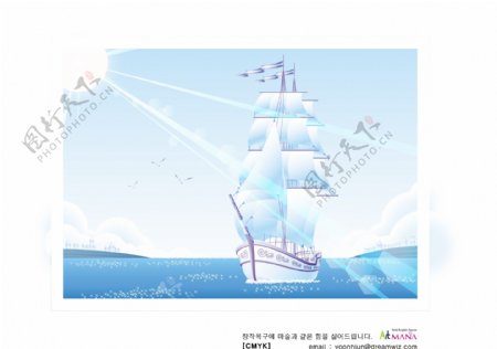 帆船大海极光海鸥图片