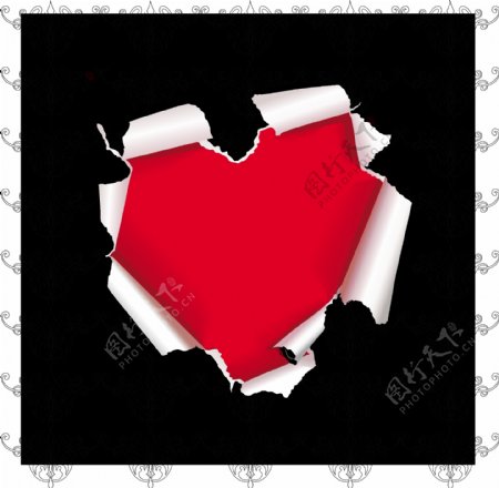 古典花纹上撕开的纸红心图片