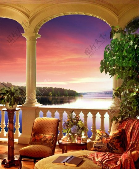 唯美欧式阳台与湖景水景图片